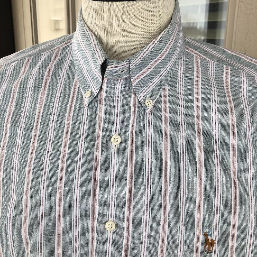 POLO Ralph Lauren Vintage Men's Green Striped OCBD - Size 16/34 - Picture 8 of 11